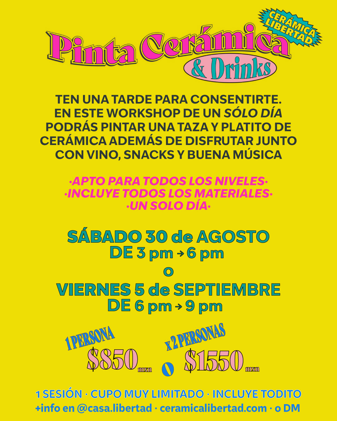Workshorts: Pinta Cerámica & Drinks · Un Sólo Día - 30 de Agosto o 5 de Septiembre