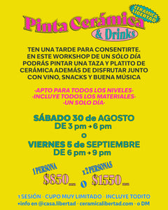 Workshorts: Pinta Cerámica & Drinks · Un Sólo Día - 30 de Agosto o 5 de Septiembre