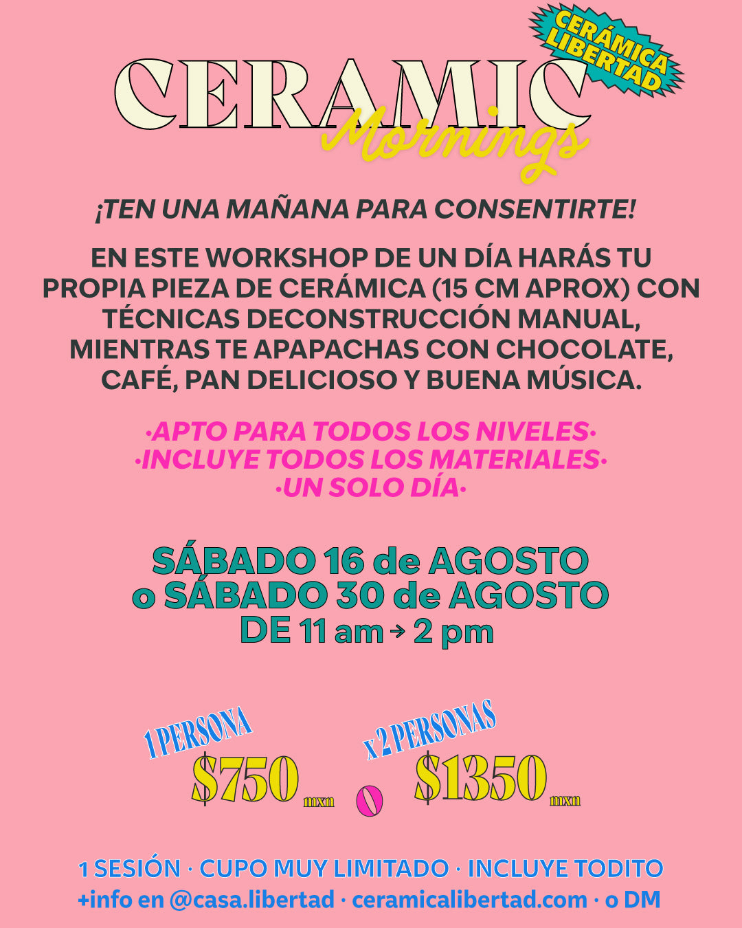 Workshorts: Ceramics Mornings · Un Sólo Día - Agosto 16 o 30