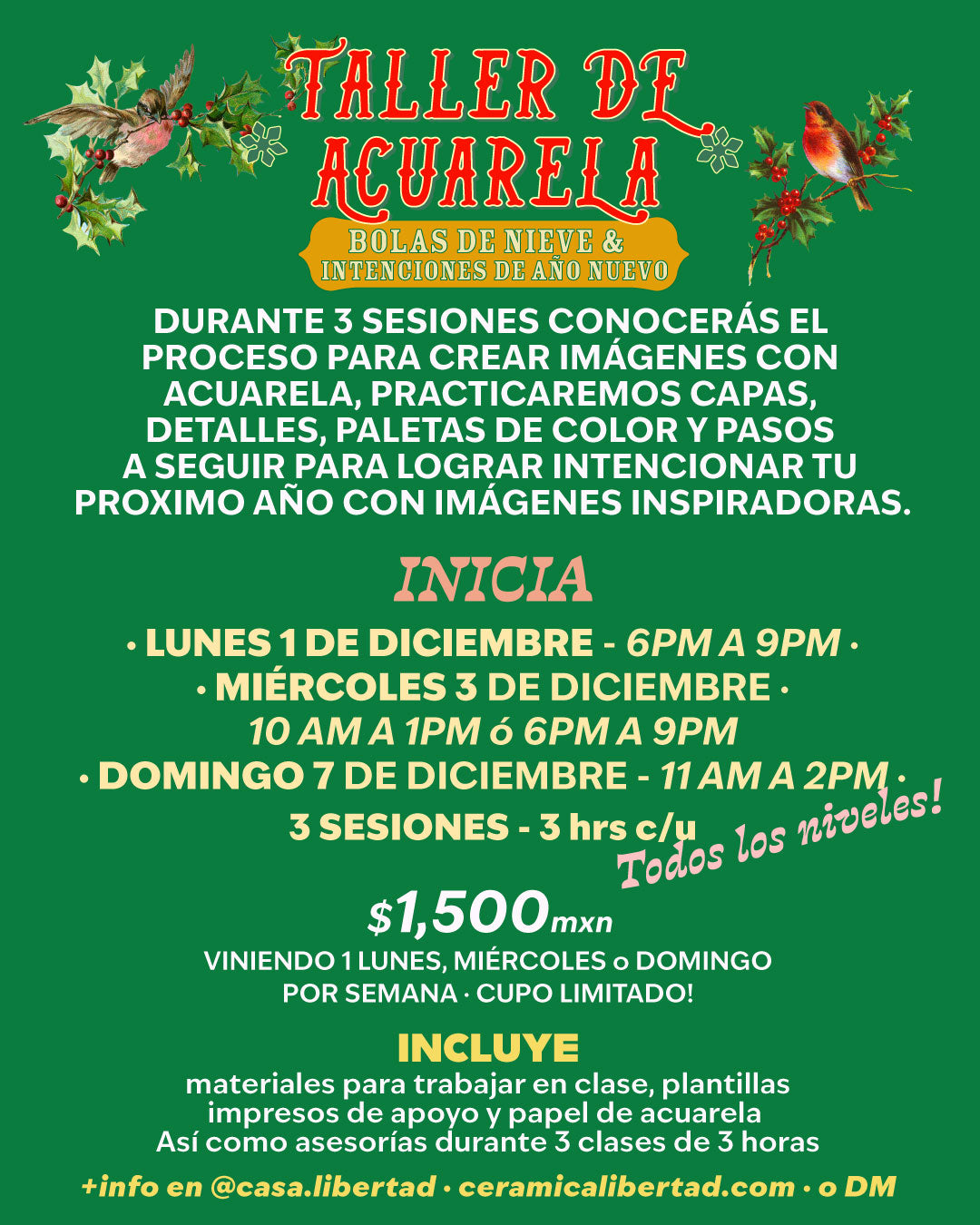 🎄Taller de Acuarela ❄️ Bolas de Nieve e Intenciones de Año Nuevo x @Charlespaper ·Inicia 1, 3 o 7 de Diciembre